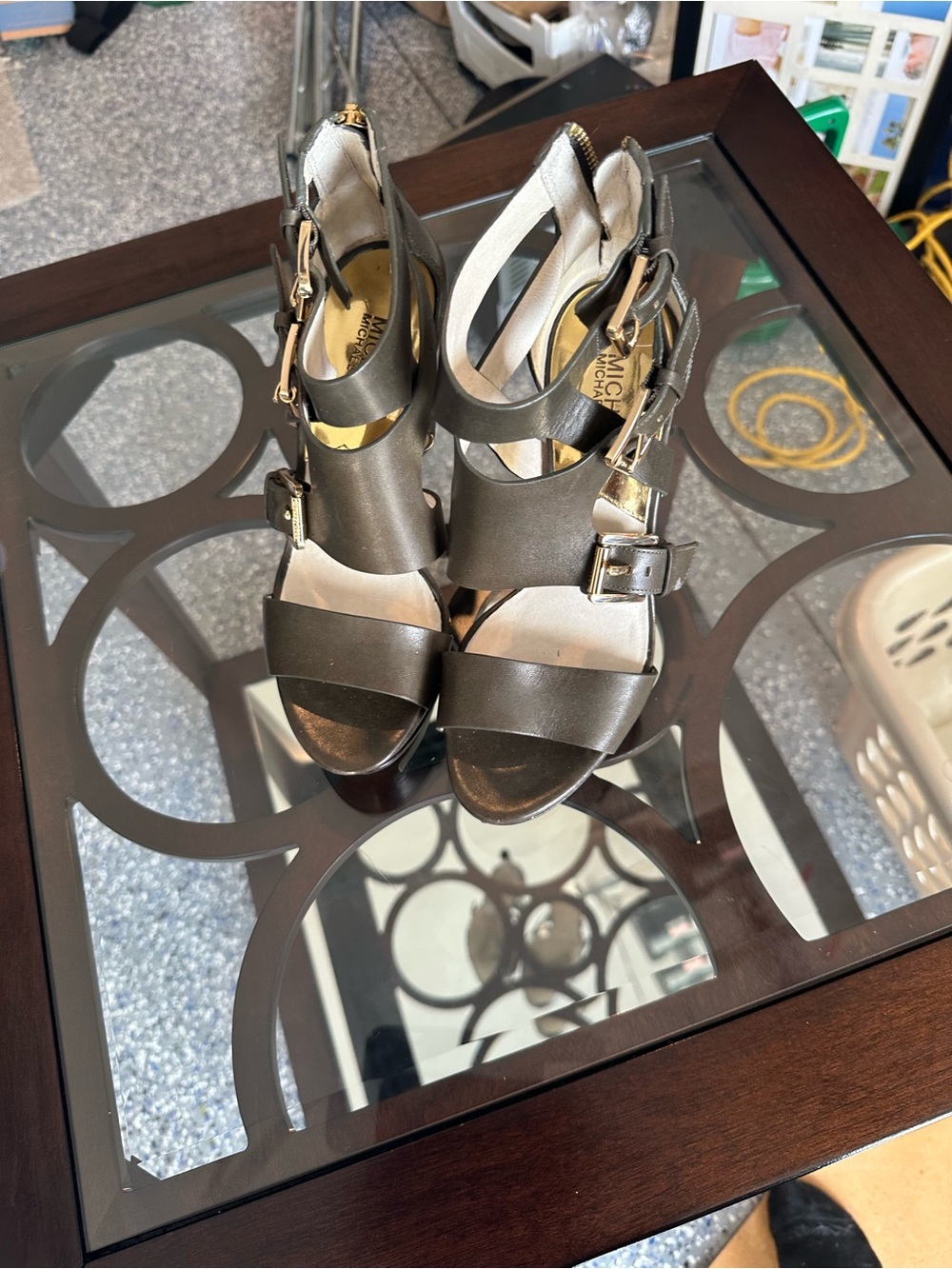 Michael Kors Metallic Pewter Strappy Buckle Heels